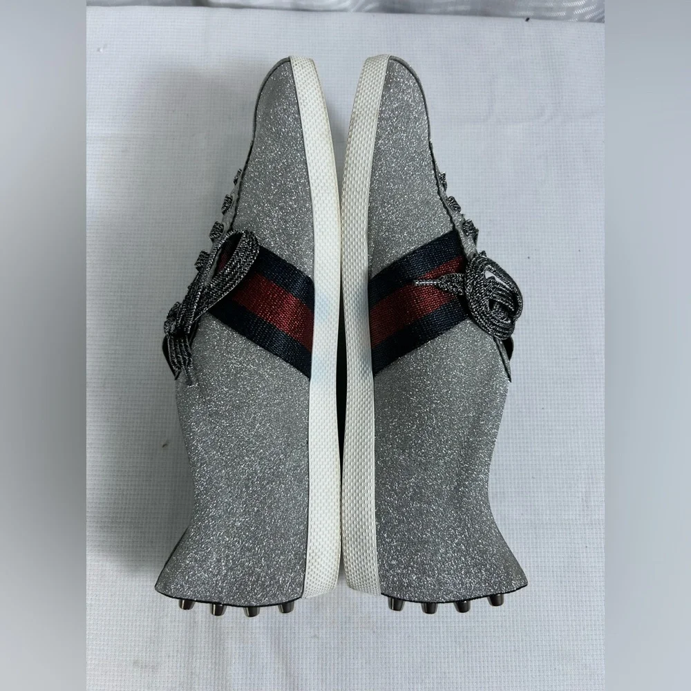 Gucci Ace Silver Glitter Web Stripe Sneakers Size 8